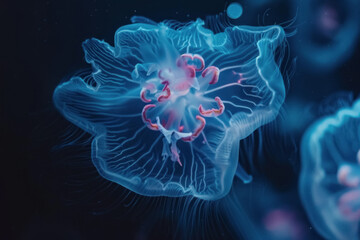 Graceful Blue Jellyfish Glowing Underwater with a Mesmerizing Translucent Body