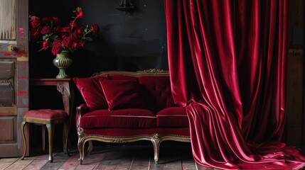 A rich red velvet cloth draping elegantly across the frame, creating a sense of luxury and intrigue.