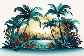 Fototapeta na wymiar Palm trees silhouette on grunge sunset tropic beach background. 