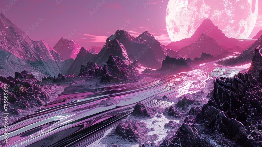 Poster mesmerizing blend of neon pink and black, with soft lines and metallic textures creating futuristic 