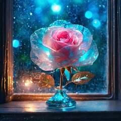 The most beautiful pink rose in the world, on beautiful lace Ms.'s flowers made of transparent...