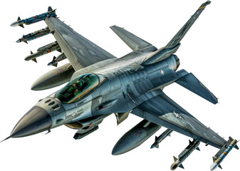 Military F-16 fighter jet with missiles isolated cut out png on transparent background