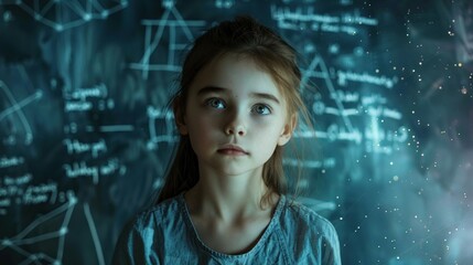 Young Girl in Scientific Discovery - Curious girl surrounded by equations and diagrams in pursuit of knowledge. - obrazy, fototapety, plakaty