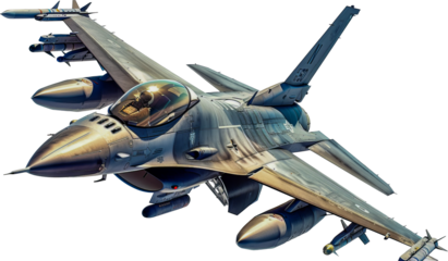 Military F-16 fighter jet with missiles isolated cut out png on transparent background