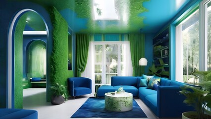 Modern Living Room Blending Nature and Luxury, Blue Furniture with Green Plant Wall.