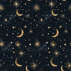 Enchanting Celestial Pattern with Golden Moons and Stars on Navy Background