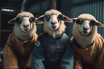 Three sheep in sunglasses and overalls. AI generated
