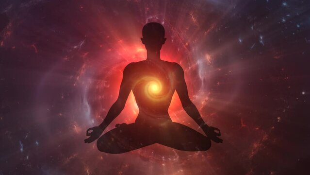 Human figure in lotus yoga pose on space galaxy background in meditation concept. Animation video, 4k