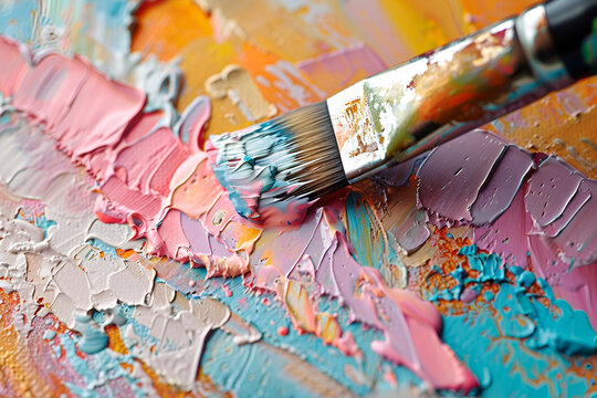 A paintbrush is being used to paint a colorful scene on a canvas. The brush is covered in a mix of pink, blue, and green paint, creating a vibrant and lively atmosphere. Generative AI