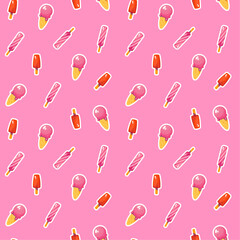 Seamless pattern with ice cream on pink background. Vector illustration.