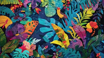 Rainforest Tapestry - Colorful and lush design evoking the growth and renewal of a rainforest ecosystem.