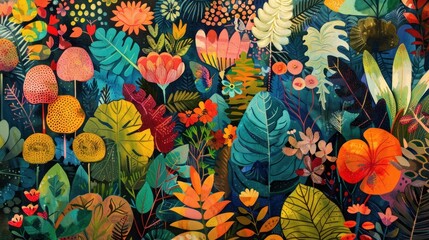 Tropical Tapestry. A Vibrant Mix of Shapes and Colors - An abstract design featuring lush rainforest flora and fauna, symbolizing growth and renewal. - obrazy, fototapety, plakaty