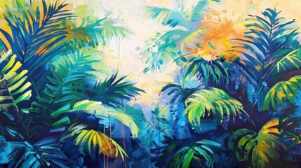 Tropical Nature Abstract - Colorful and lively depiction of tropical flora and fauna. - obrazy, fototapety, plakaty