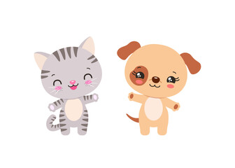 Kawaii cat and dog cute pets chibi animals. Anime asian cartoon animal characters. Adorable kitten and puppy smiling waving. Little baby cat and dog children vector illustration.