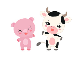 Kawaii cow and pig cute pets chibi animals. Anime asian cartoon domestic farm animal characters. Adorable calf and piglet smiling waving. Little baby cow and piggy children vector illustration.