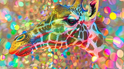 A colorful, digitally manipulated image of a giraffe against a vibrant bokeh background