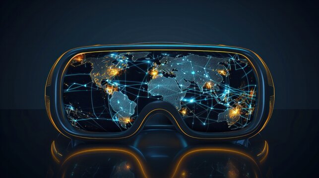 Virtual Exploration. World Map Emerging from VR Goggles