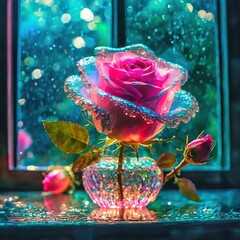 The most beautiful pink rose in the world, on beautiful lace Ms.'s flowers made of transparent...
