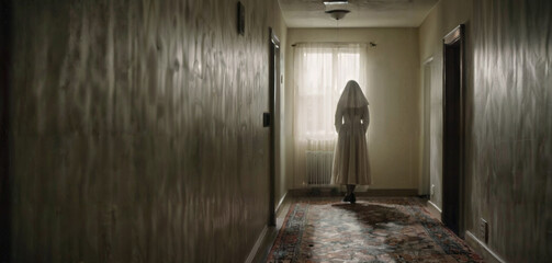 Ghost standing in the hallway, a horror background.