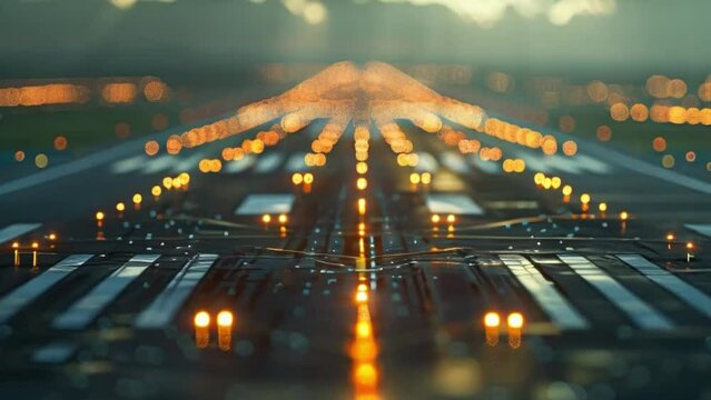 The runway in airport in the night. Shiny blurred lights of airplane jet aircraft or airplane. Tourism travel aviation or military fighter plane.
