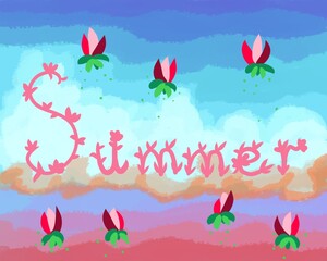 summer background with watercolor clouds, flowers and the inscription summer