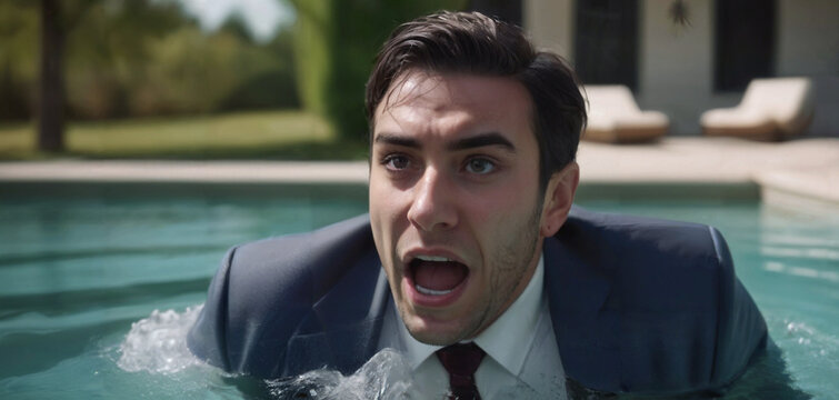 Overly stressed and desperate businessman underwater at workplace, suffering from burnout, sinks due to excessive work, mental load, economic crisis, bankruptcy, depression and recession