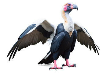 Captivating image of a King Vulture with striking pink head and beak details, standing proudly isolated with a transparent background