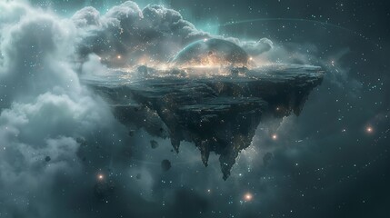 An ethereal floating island in the expanses of interstellar space, with misty swirls and glowing constellations - obrazy, fototapety, plakaty
