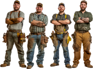 Men in work clothes are standing together, with their arms crossed. They appear to be proud of their work and confident in their abilities cut out png on transparent background