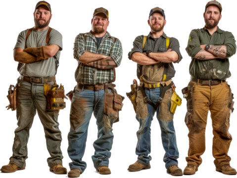 Men in work clothes are standing together, with their arms crossed. They appear to be proud of their work and confident in their abilities cut out png on transparent background