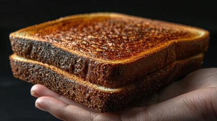   A tight shot of a hand clutching toasted bread - obrazy, fototapety, plakaty