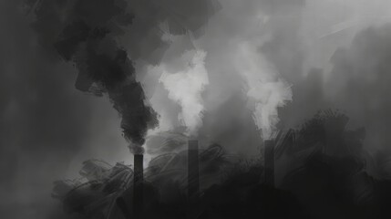 An artistic and abstract representation of industrial smokestacks emitting smoke, visualizing the theme of air pollution and environmental issues. - obrazy, fototapety, plakaty