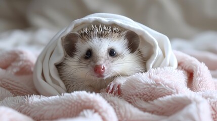   A hedgehog peeks out from under three blankets on a bed