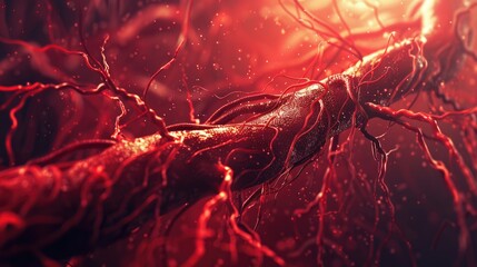 Close-up representation of blood flow in veins and arteries with red glowing light and detailed textures.