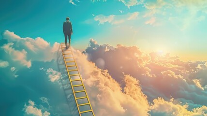 dream where a person climbs a golden ladder that reaches the clouds, symbolizing their ascent to their ambitions