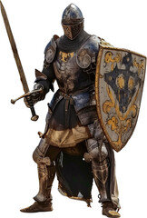 Medieval knight in full armor with sword and shield isolated cut out png on transparent background