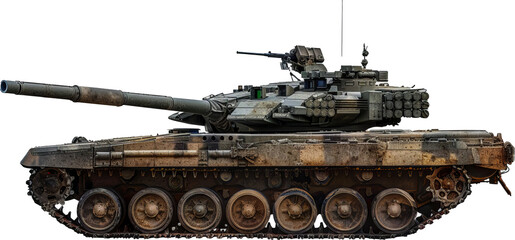 Modern battle tank with turret and armament isolated cut out png on transparent background - obrazy, fototapety, plakaty