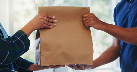 Hands, package and paper bag as delivery with customer or client order, parcel and courier. People,...