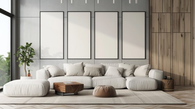 Frame mockup, Inviting Living Room Interior with Modern Furniture, high-resolution (300 DPI)