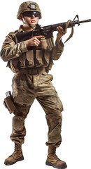 Soldier in camouflage gear holding rifle cut out png on transparent background