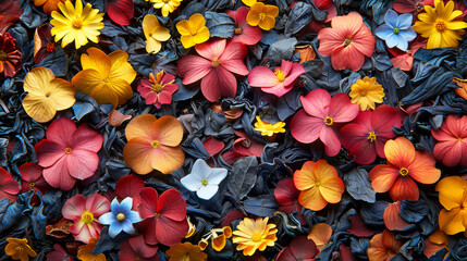 Colorful Assortment of Flowers on Black Background.
