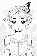 Coloring book for kids, elf girl in a blooming garden