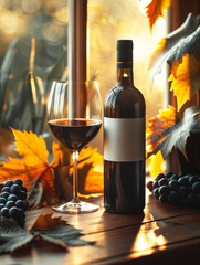 Red Wine Bottle and Glass with Grapes on Wooden Table.