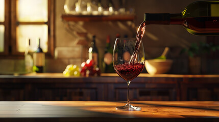 A bottle of wine is poured into a wine glass - obrazy, fototapety, plakaty