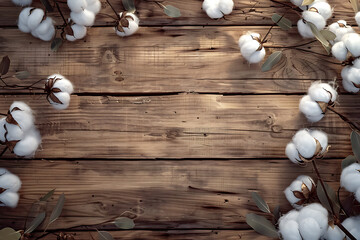A beautiful composition showcasing soft, fluffy cotton isolated on wooden backgrounds, highlighting the natural texture and purity of the material against a rustic and warm backdrop.