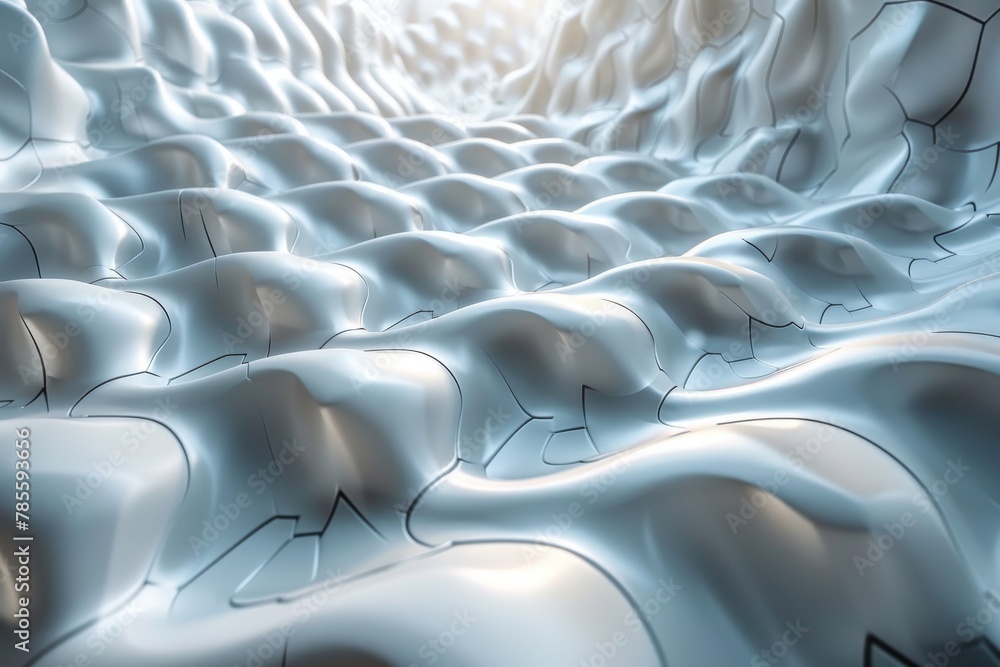 Poster this image showcases a white abstract 3d graphical representation of a wave-like structure evoking m