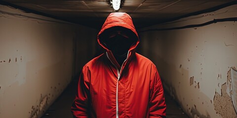 Man wearing a red hoodie in a dark underpass with cement walls - faceless black shadow