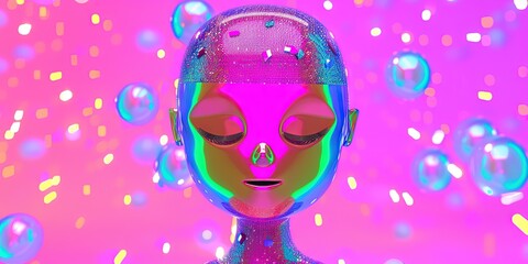 iridescent alien in bubbly pink environment
