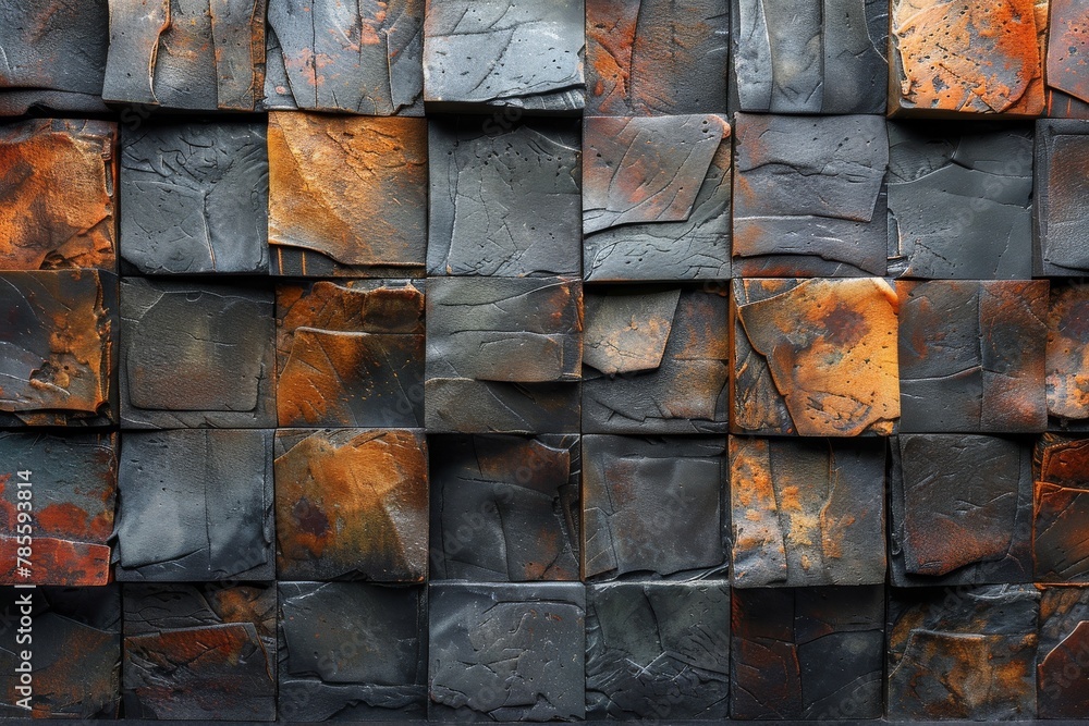 Poster a striking image of stacked metal cubes with a rustic and weathered texture, reflecting age and resi