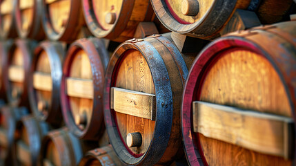Wine Barrels Lined Up in a Cellar.